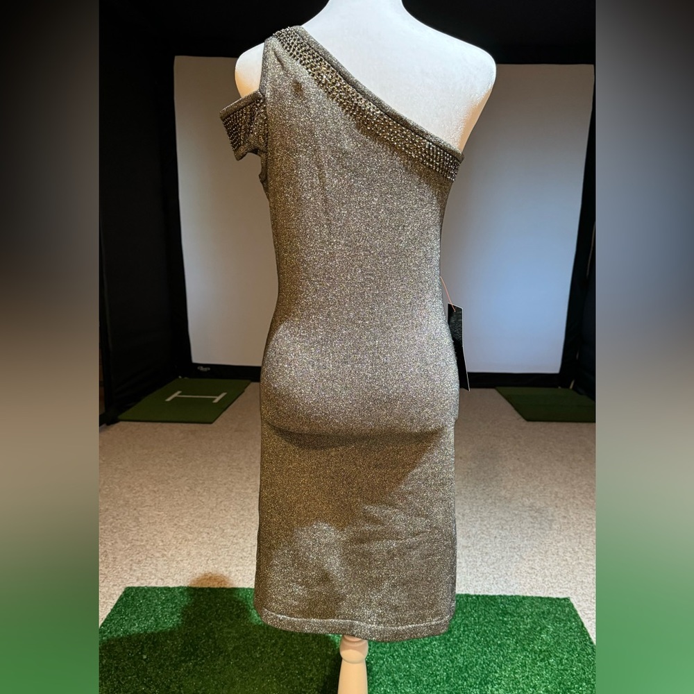 NWT Bebe One Shoulder Metallic Gold Cocktail Boutique Dress Size Large - Picture 5 of 11